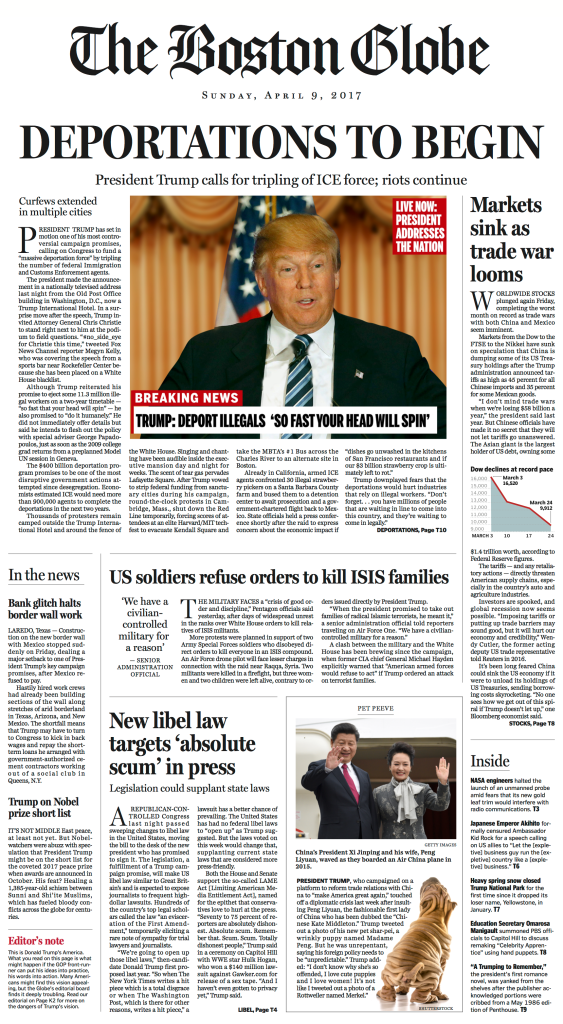 A fake news front page - The Boston Globe’s version of non-fiction “alternative history”, referenced by Ben Winters on his website. Note the small print on the bottom: “Editor’s note - This is Donald Trump’s America. What you read on this page is what might happen if the GOP front­run­ner can put his ideas into practice, his words into action. Many Americans might find this vision appealing, but the Globe’s editorial board finds it deeply troubling. Read our editorial on Page K2 for more on the dangers of Trump’s vision.” Well, it is now President Trump.